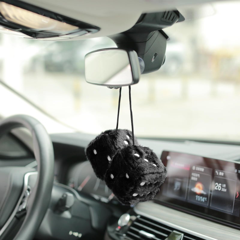 YGMONER Black Fuzzy Dice for Car Rear View Mirror, Pair of 2.75" Plush Dice Retro Hanging Ornaments Car Interior Rearview Mirror Decor Accessories (Black) - Image 3